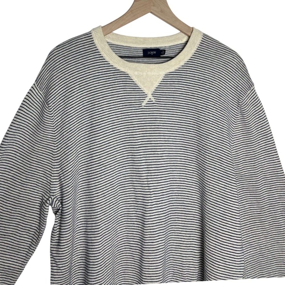 J Crew Mens Striped Crewneck Sweater‎ XL Beige Navy Cotton V-Neck - Picture 2 of 8